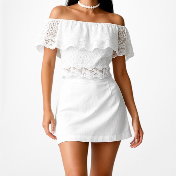 New Look White Off The Shoulder Floral Lace Sheer Top Size 2/S - Picture 1 of 6